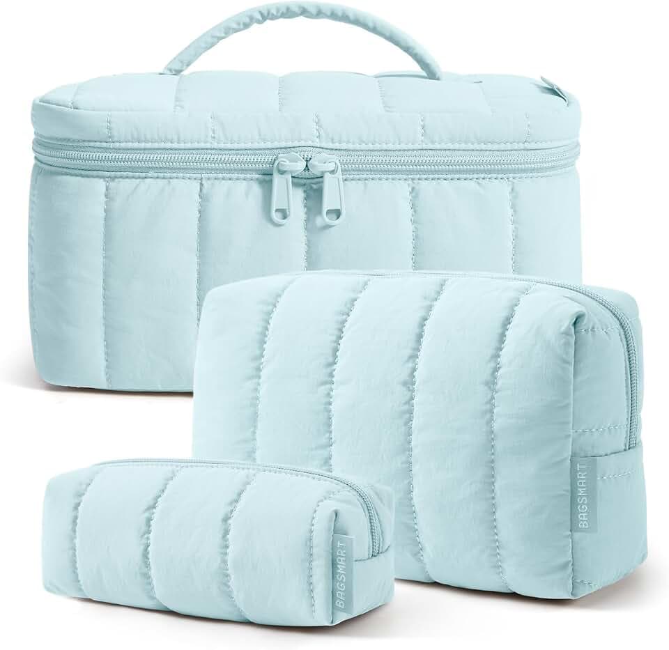 BAGSMART Travel Makeup Bag Set, 3 Pc Puffy Cosmetic Pouch, Glacier Blue