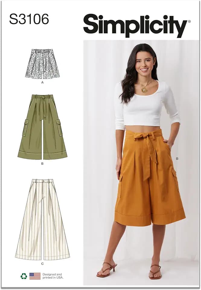 Simplicity SS3106U5 Misses' Wide Leg Shorts and Pants Sewing Pattern Packet, Design Code S3106, Sizes 16-18-20-22-24