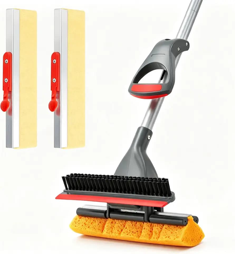 Pop-up Sponge Mop for Floor Cleaning, Home Commercial Cellulose Sponge Roller Mop with 2 Refill Heads, Includes Squeegee and Brush for Hardwood Tile Concrete Bathroom Kitchen Wall Ceiling