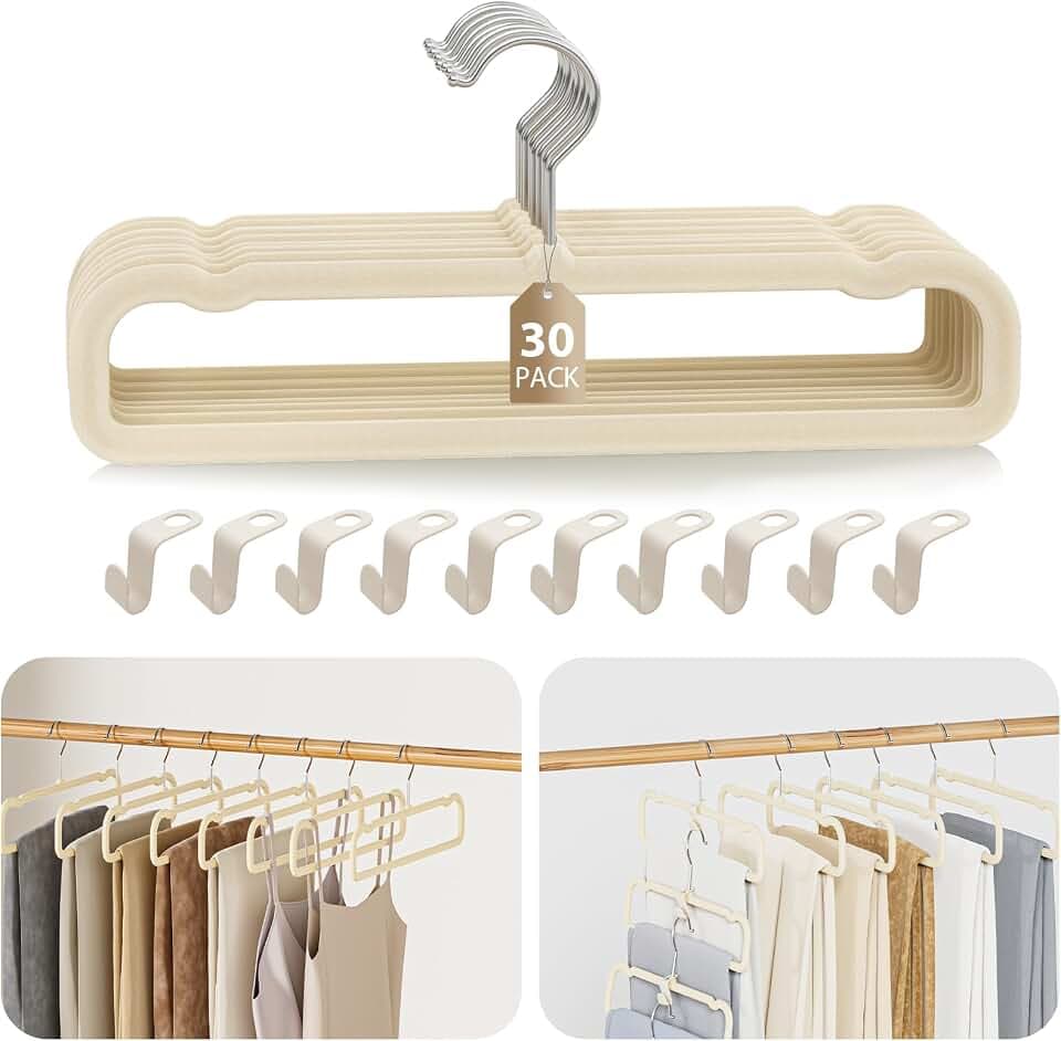 Velvet Felt Pants Hangers 30 Pack, with Cascading Hooks (Ivory)