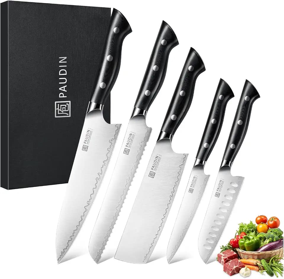 PAUDIN 5-Piece Professional Chef Knife Set, 63 HRC, 14C28N Steel, Gift Box