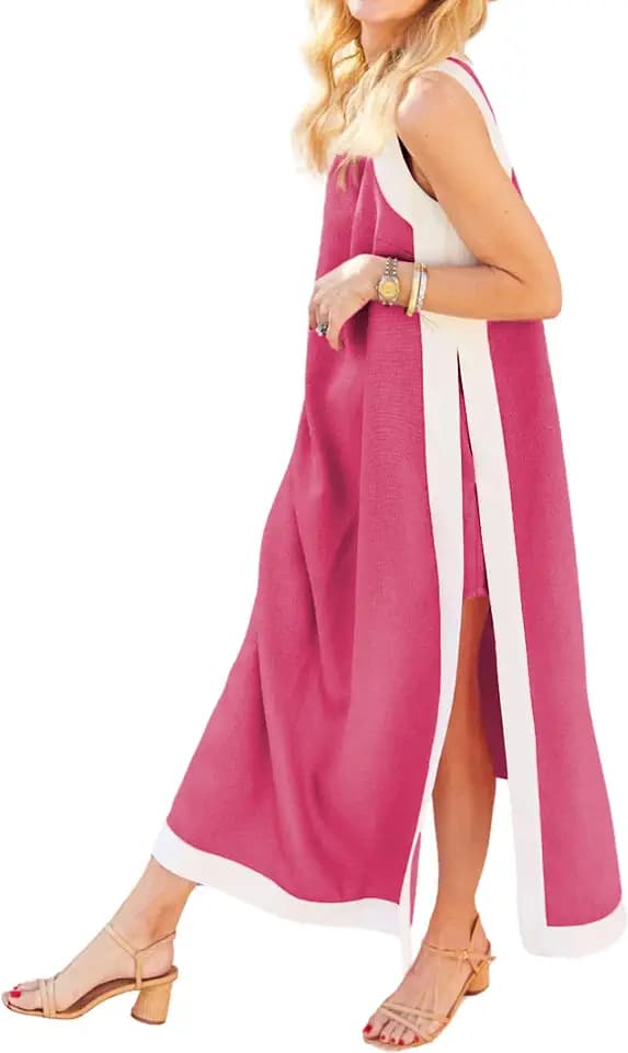 EsheSy Womens 2 Piece Sets Maxi Dress Matching Shorts Sleeveless Color Block Loose Boho Dress Outfits with Pockets