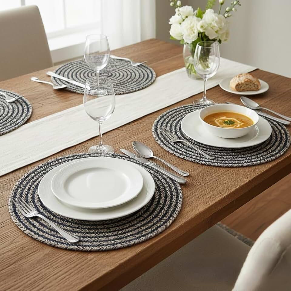 Marled Circles Set of 8 Round Placemats for Dining Table & Kitchen - 15" Circle, 100% Recycled Cotton, Durable, Heat Resistant, Washable, Charcoal,Outdoor Table Mats, Everyday Use