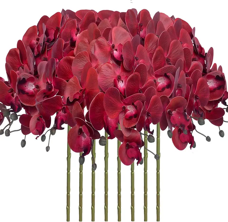 FagusHome 8 Pcs Artificial Phalaenopsis Flowers 32 Inch Artificial Orchid Flowers Fake Flowers Stem Plants for Home Décor (Red)