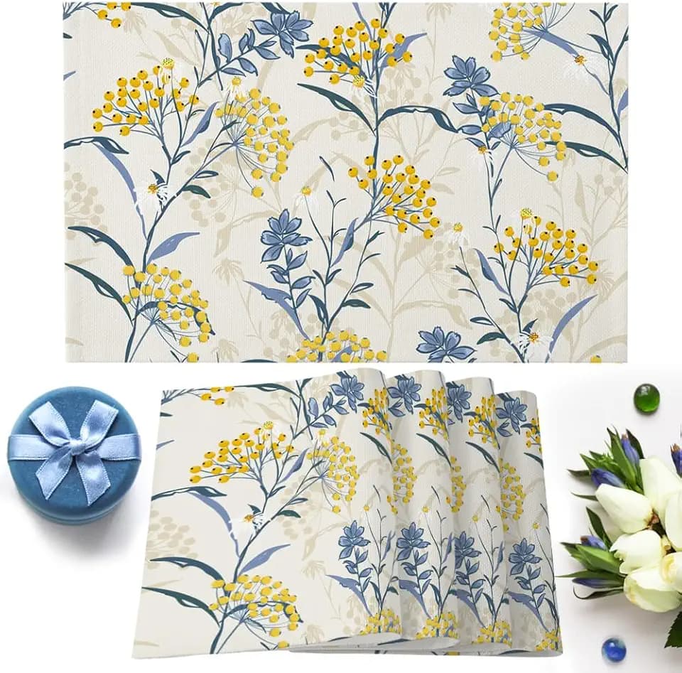 Dining Table Placemats Set Of 4(Cotton Linen),Vintage Floral Plant,Heat Resistant Non-Slip Table Mats,Yellow Blue,Indoor Outdoor Table Placemat for Holiday Banquet Kitchen Table Decor,Machine Washable