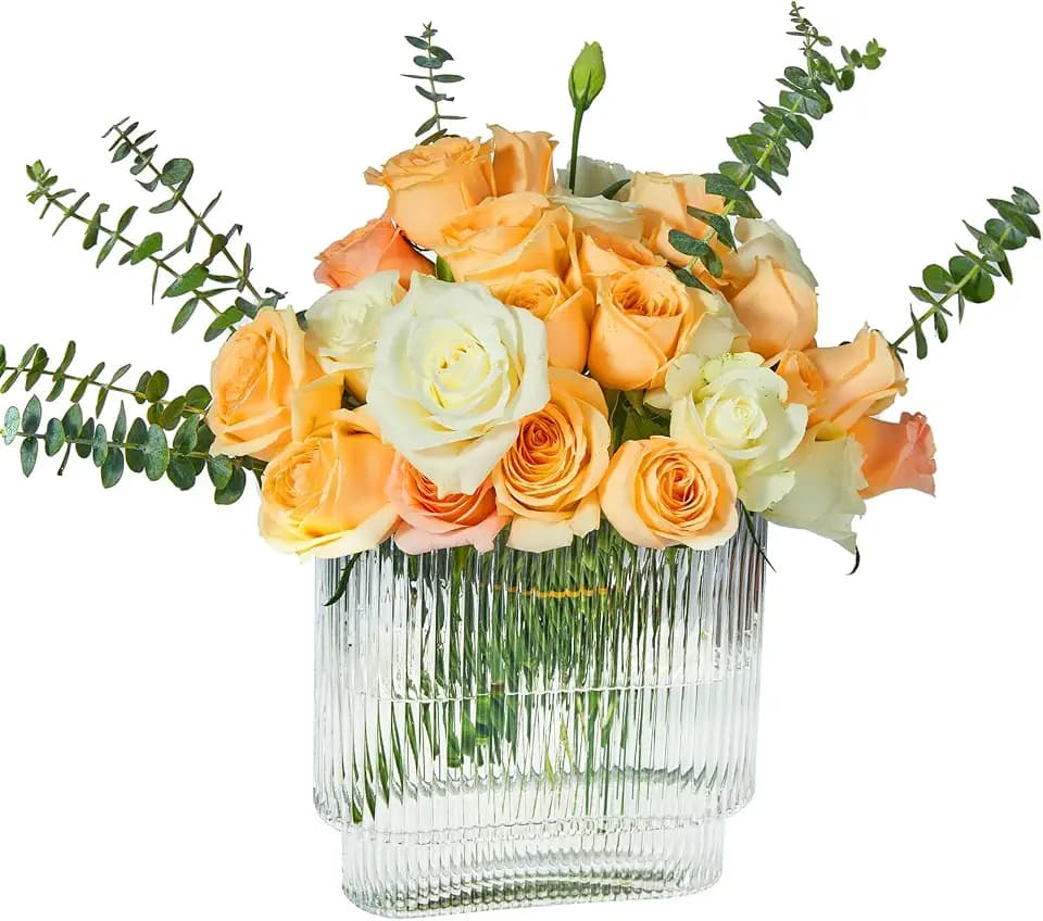Clear Glass Vase,Ribbed Modern Flower Vaseglass Cylinder Decorative Vase for Living Room, Dining Table, Entryway, Mantle, Shelf, Wedding, Office Vase