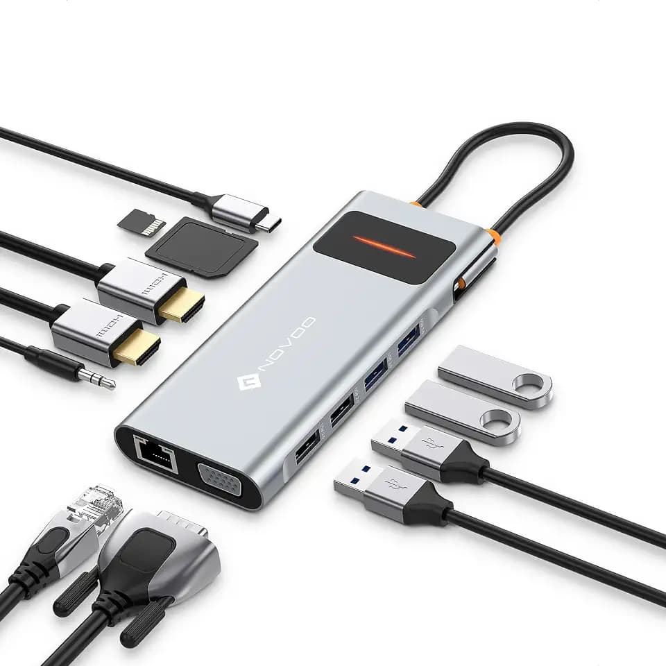 NOVOO Docking Station mit Dual-Monitor, 12-in-1 Dockingstation USB C auf Dual HDMI, VGA, 100 W PD, Ethernet RJ45, 4 USB, SD/TF USB-Hub für MacBook Pro Air Dell Lenovo