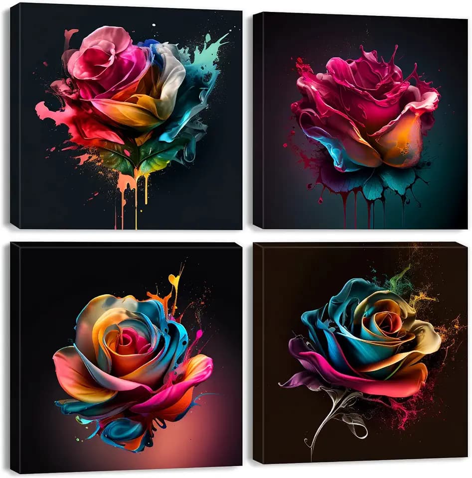 Colorful Rose Wall Art Abstract Graffiti Rainbow Flower Canvas Prints Pictures Bedroom Decor 12x12" 4 Pcs Modern Watercolor Black Background Paintings Artwork for Living Room Bathroom Home Decorations