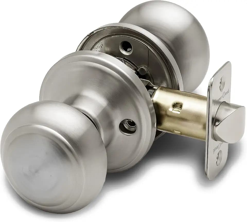 Copper Creek Colonial Passage Interior Door Knob – ANSI Grade-3 Certified, Modern Heavy Duty Handle, Easy Install and Reversible for Bedroom, Bathroom and Closets – Satin Stainless (1 Pack)