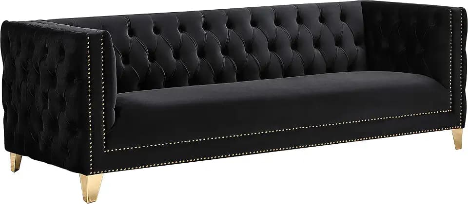 Meridian Furniture 652Black-S Michelle Collection Modern | Contemporary Sofa with Deep Button Tufting, Gold Nailhead Trim and Sturdy Gold Iron Legs, Black Velvet, 90" W x 34" D x 30" H