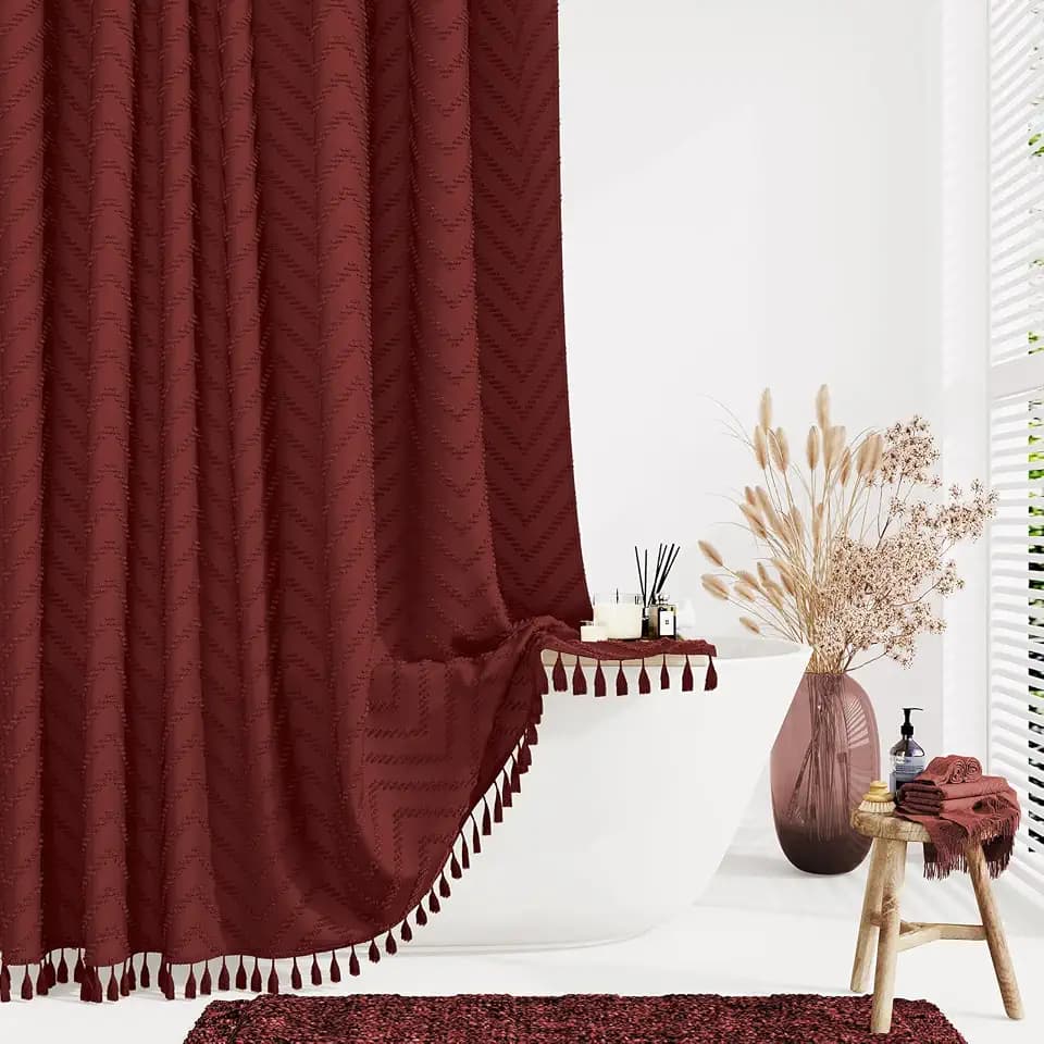 Dynamene Boho Farmhouse Shower Curtain Tufted Chevron 72"x72" Burgundy
