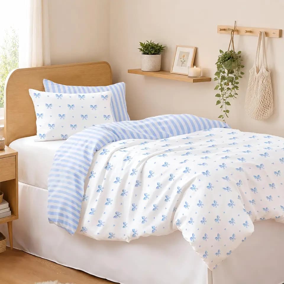 Sedefen Blue Striped Comforter Set Full Reversible Cute Bow Bedding
