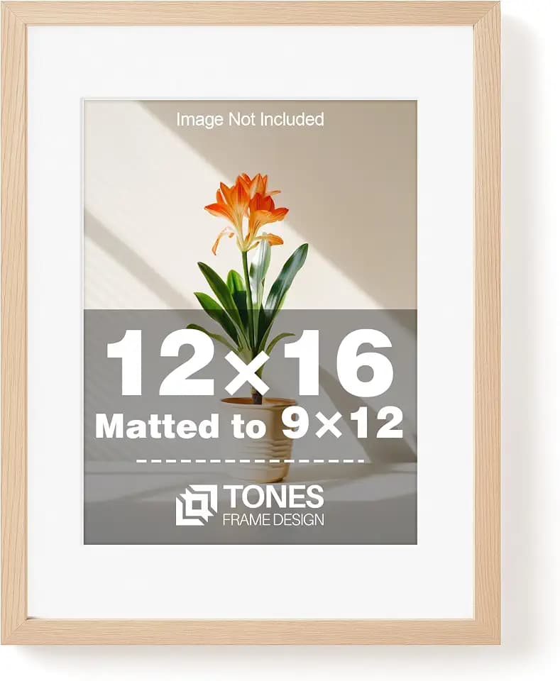 TONES FRAME DESIGN 12x16 Frame with Mat for 9x12 Natural Solid Wood,1 Pack