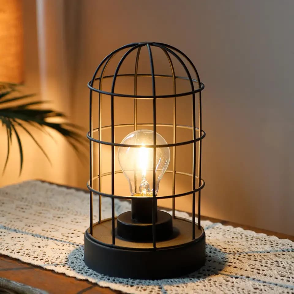 JHY DESIGN 10” Vintage Metal Cage Table Lamp, Battery Operated Cordless LED Decorative Lantern, Rustic Brown Sand Finish Lamp for Bedroom Living Room Kitchen Patio Wedding Home Decor (Brown)