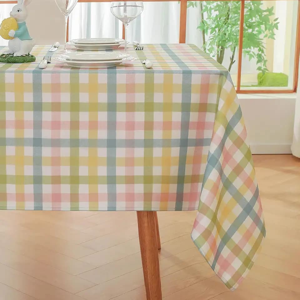 Alsoo Easter Checkered Tablecloth Rectangle 60"x 75", Cotton Linen Spring Gingham Table Cloth Washable Wrinkle Free, Buffalo Plaid Table Cover for Outdoor Picnic Party Dining Room, Colorful Green
