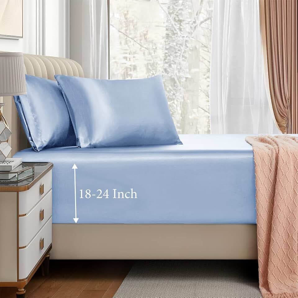 VACVELT 3pcs Full Baby Blue Extra Deep Pocket Satin Fitted Sheet Set