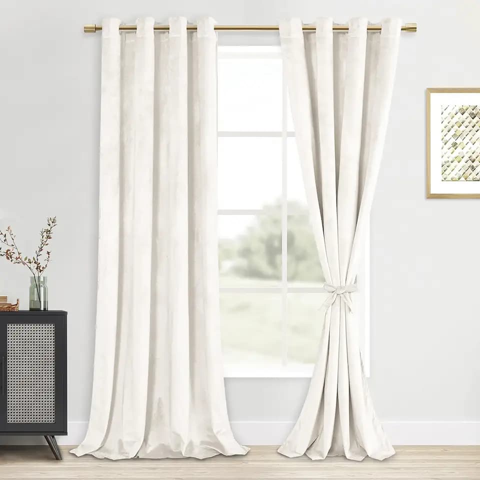 DWCN Velvet Curtains 84 Inches Long with Tiebacks Ivory 2 Panels 52W x 84L