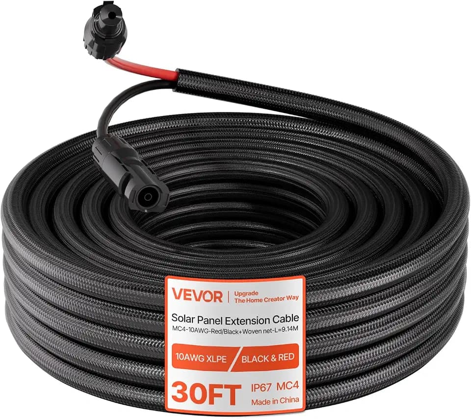 VEVOR 30FT Solar Panel Extension Cable, 10 AWG, Solar Panel Wire with Flame Retardant Protective Sleeving, Female and Male Connectors, IP67 Waterproof PV Wire, for Outdoor Automotive RV, Black & Red