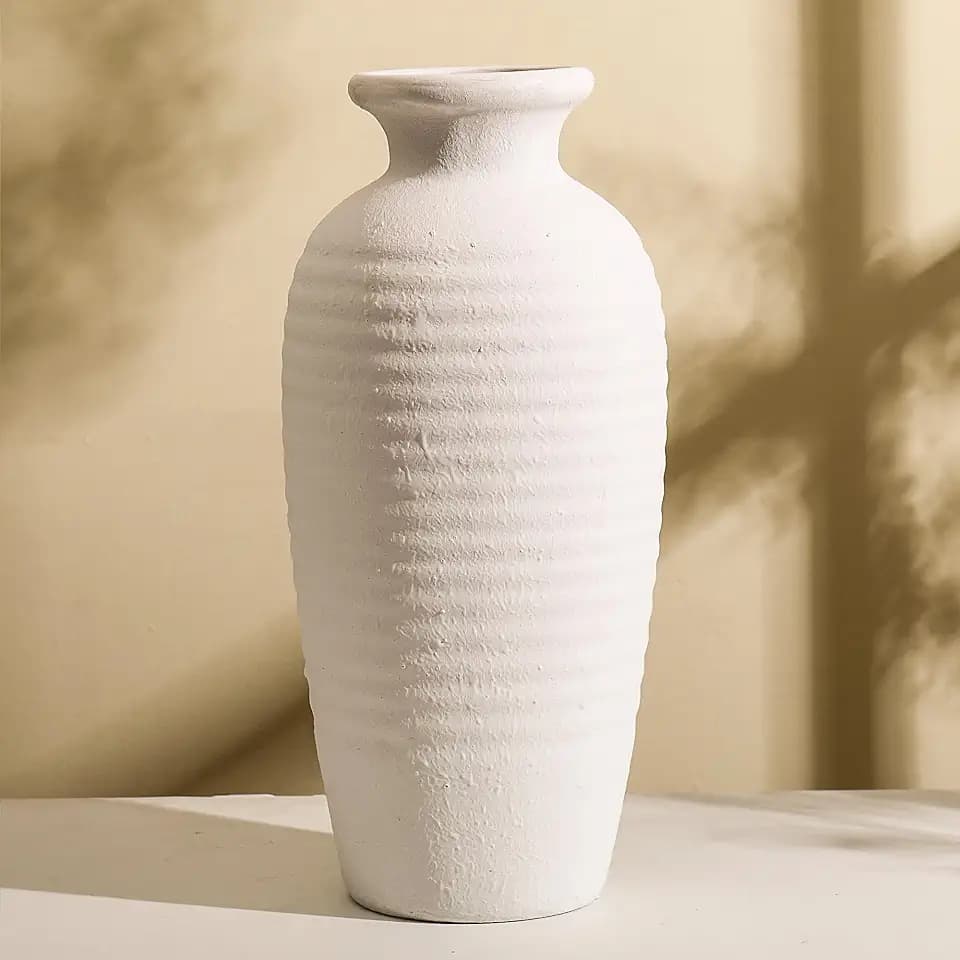 Large Rustic White Ceramic Vase, Tall Vases for Flowers with Striation