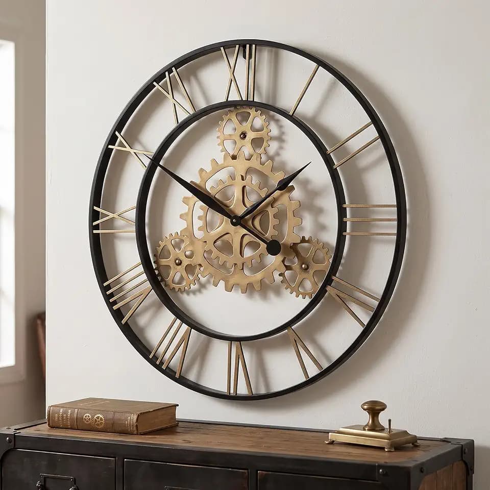 Cuspin 30 Inch Large Wall Clock Black Gold Roman Numeral Gears Wall Clock