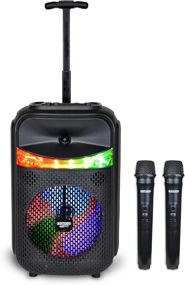 Bontempi | Trolley Akustik-Lautsprecher Wireless mit 2 Drahtlosen Mikrofonen, RGB-Lichtern, Fernbedienung, Display, TWS-Funktion, 39.5x22.5x19 cm