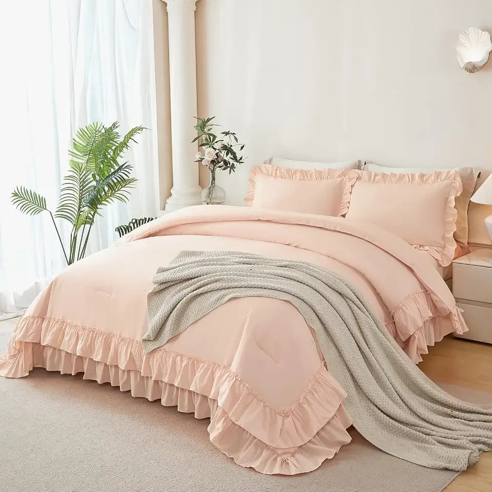 ANGIYUIN 5 Pieces Pink Comforter Set Full Size Ruffle Bedding Sets