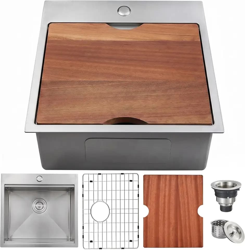 KINGO HOME Drop in Kitchen Sink,21 x 20 Inch Bar Sink Workstation Single Bowl Small Sinks,304 Stainless Steel Topmount Wet Bar Prep Sink for Laundry RV Yard With Grid&Drainer&Cutting Board