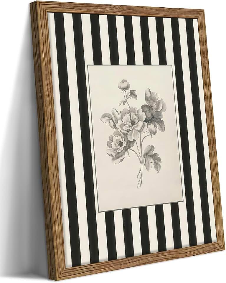 Framed Vintage Floral Wall Art, Black and White Stripes Flower Canvas Wall Decor Paintings, Minimalist Botanical Artwork Print Picture for Living Room Bedroom Bathroom 16x24 Inch