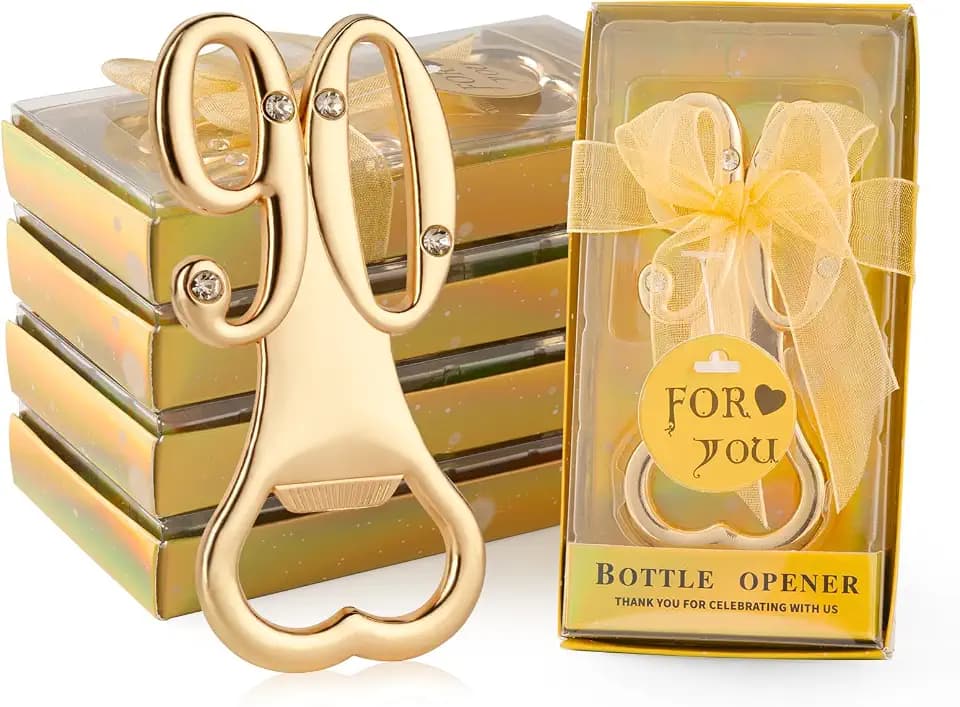 24 Pack 90th Birthday Bottle Openers Gold Gift Boxes Party Favors