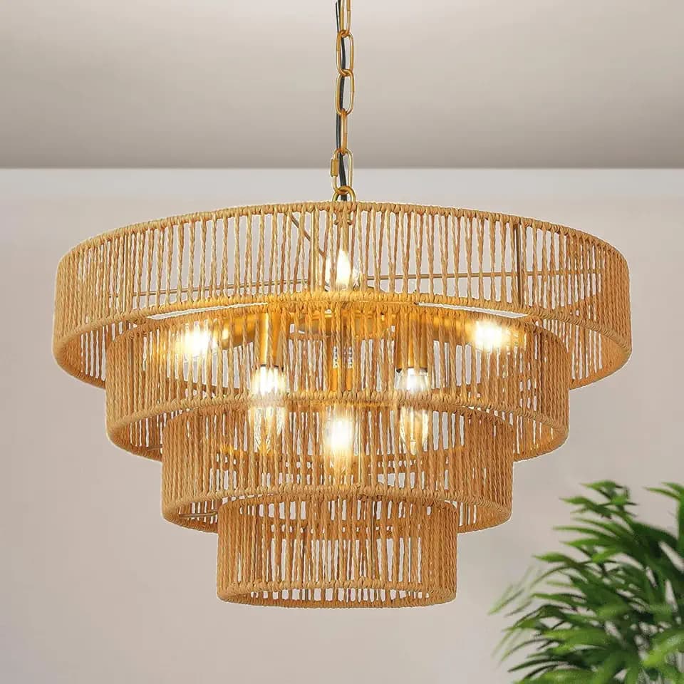 20”Boho Large Rattan Pendant Light Fixture, 4 Round Farmhouse Rustic Chandeliers, 6-Lights Hand Woven Wicker Hanging Chandelier for Bedroom, Kitchen Island, Living Room, Foyer, Hallway