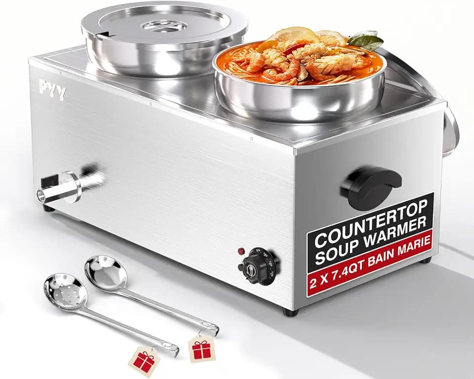 PYY Soup Warmer Commercial - Two 7.4QT Stainless Steel Bain Marie Round Pot 86~185°F Adjustable Temp, 1500W Electric Soup Warmer Countertop with Anti-Dry Burn and Reset Button for Restaurant, Buffet