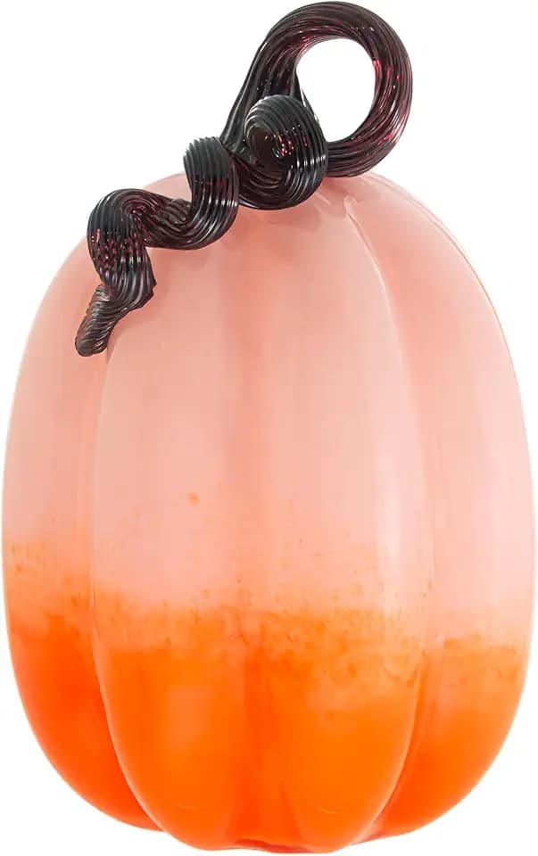 Boston International Handblown Art Glass Pumpkin Thanksgiving Halloween Decorations for Home, Large, Ombre Pink & Orange