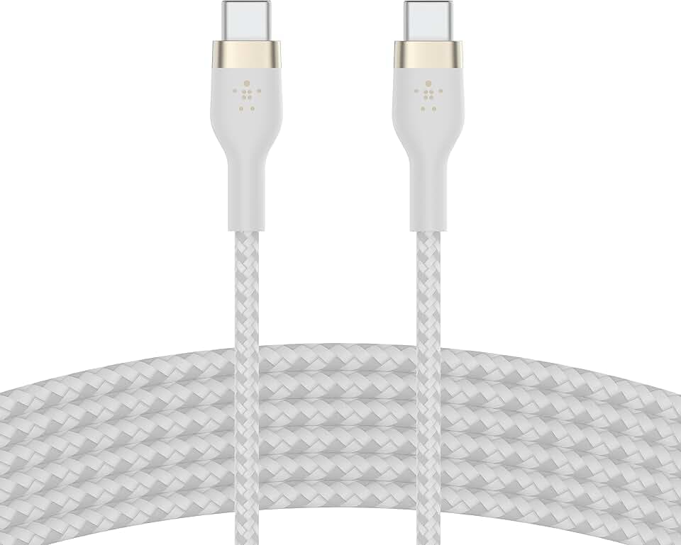 Belkin BoostCharge Pro Flex geflochtenes USB-C/USB-C-Ladekabel, USB-IF-zertifiziert zum Schnellladen mit Power Delivery PD, iPhone 16, iPhone 15, Galaxy S24, Pixel, iPad Pro/Mini, MacBook, 3 m – Weiß
