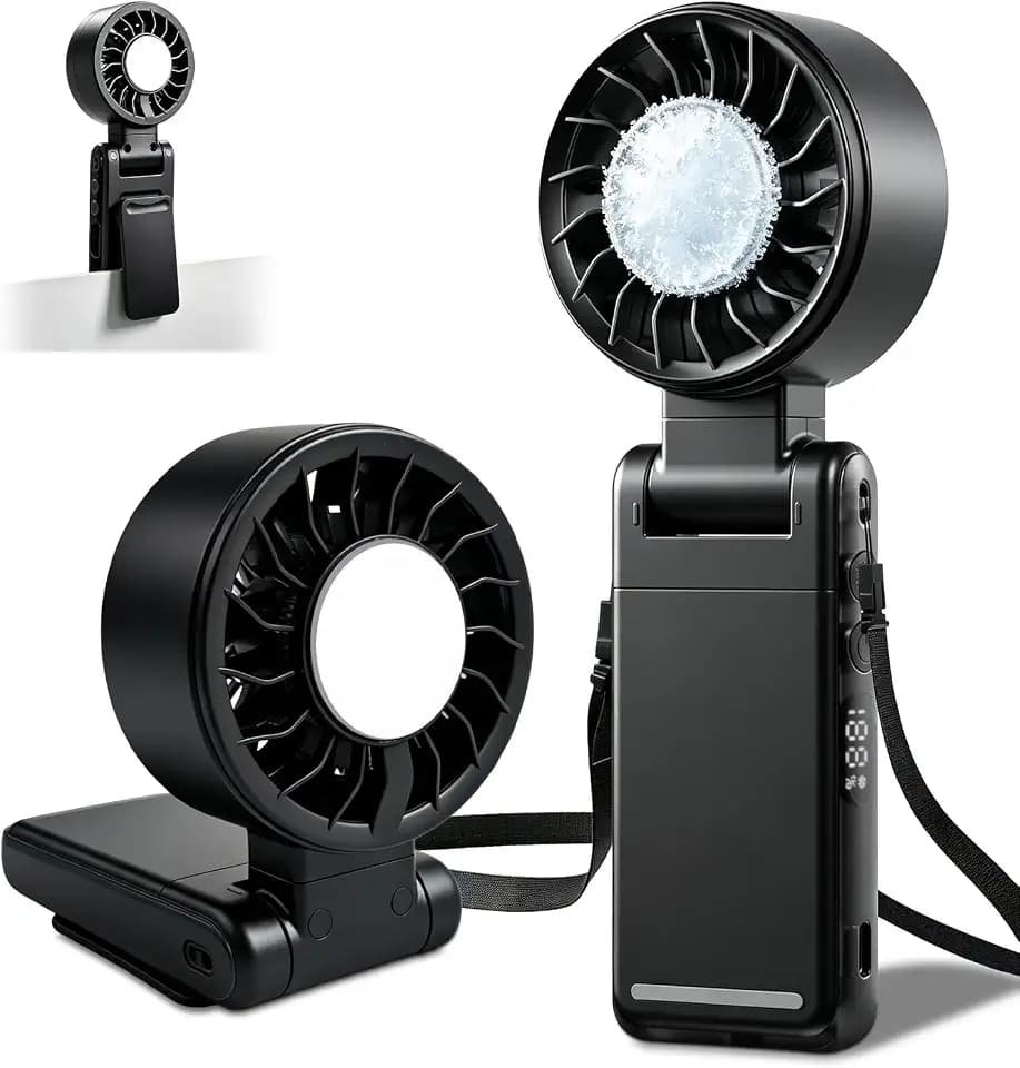 4-IN-1 Clip-On Portable Cooling Fan Rechargeable Handheld Mini Fan with lce Cooler,5 Gear High Speed 360° Rotatable Small Fans, for Outdoor, Travel, Beach, and Office (Black)