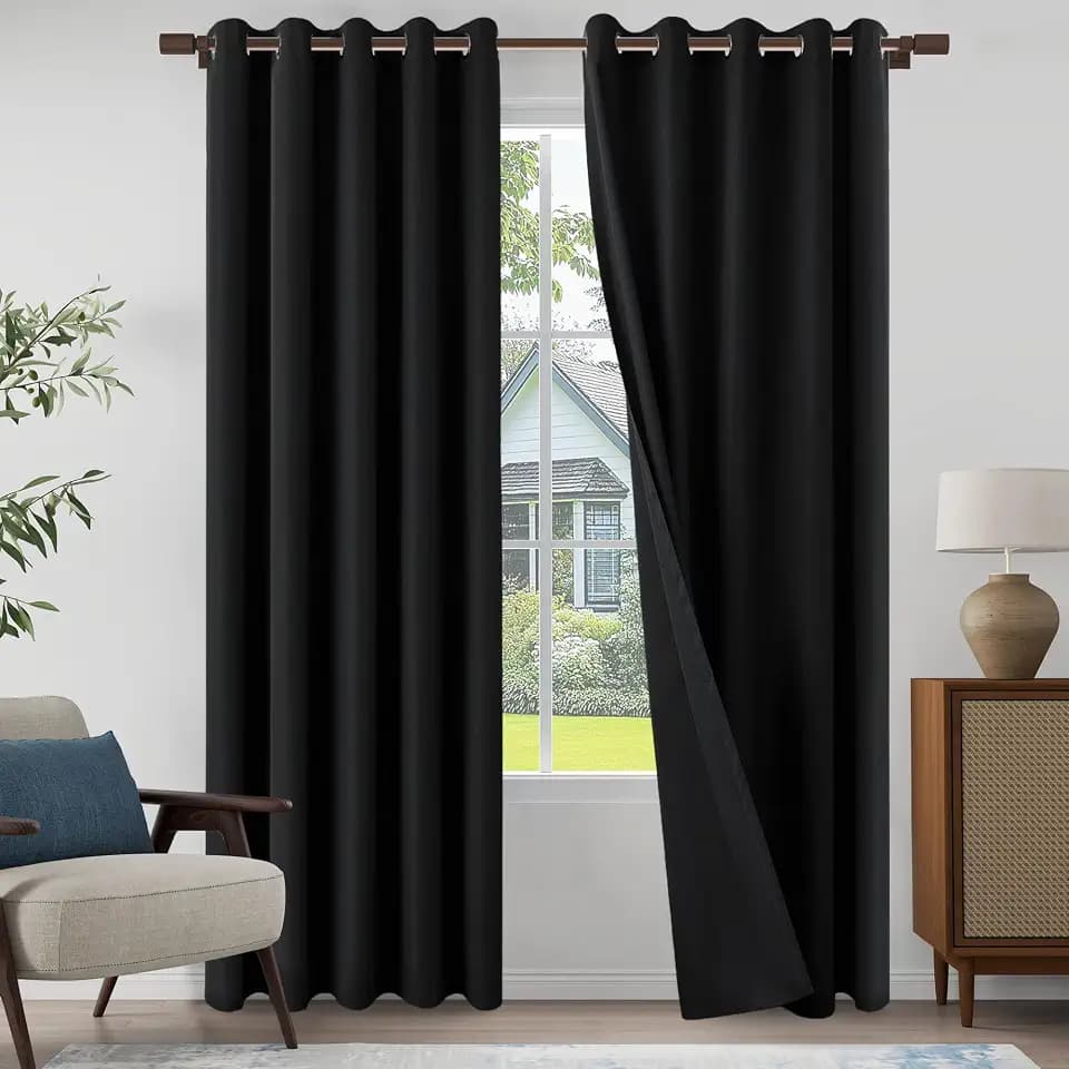100% Blackout Linen Textured Curtains 96 Inch Length 2 Panels Set for Living room, Bedroom, Light Weight Curtains with Grommets Top, Full Blackout Curtains Privacy Protection, Black, 66" W x 96" L