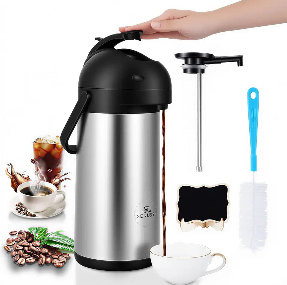 Premium Airpot Coffee Dispenser 74 oz (2.2L) with Pump, Cleaning Brush, and Table Tent Sign - Stainless Steel Insulated Carafe - 24 Hour Heat Retention - 36 Hour Cold Retention - 2 Gifts are included