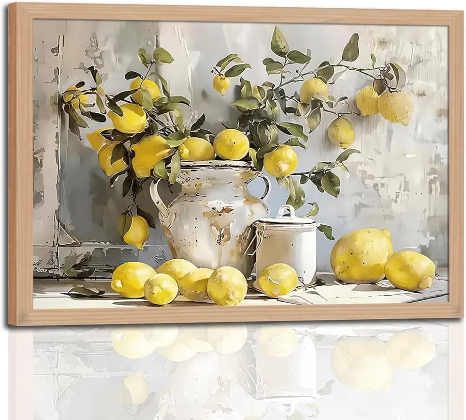 Framed Lemon Kitchen Wall Art Vintage Mustard French's Yellow Lemon Kitchen Rustic Oil Canvas Paintings Posters Prints for Dining Living Room Bedroom Preparing to hang 16x24in