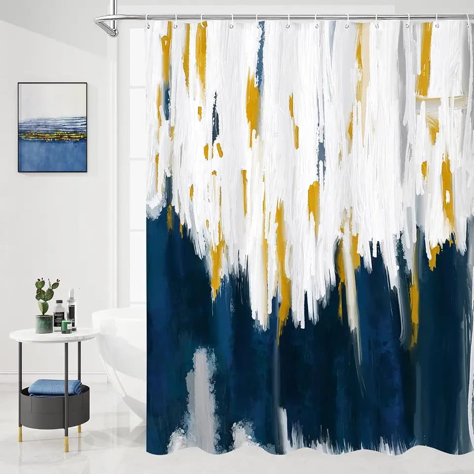 MitoVilla Extra Long Abstract Shower Curtain 72 x 84, Navy Blue 84 inch Brush Strokes Oil Painting Shower Curtain, XL Graffiti Ombre Fabric Shower Curtains for Modern Bathroom Decor