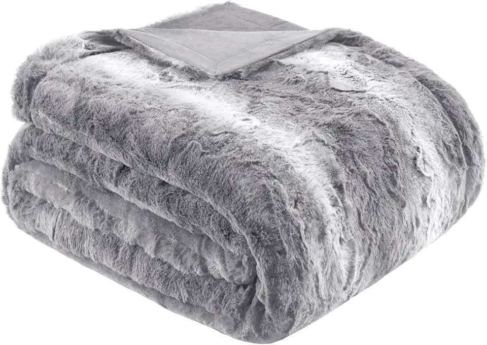 Madison Park Zuri Reversible Faux Fur Bed Blanket, 66 x 90, Grey