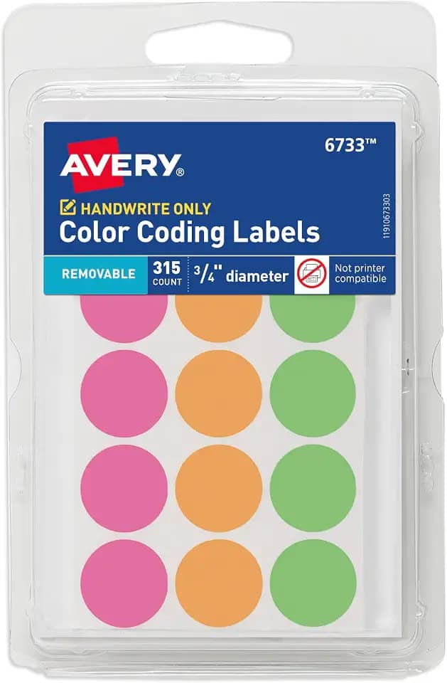 Avery Color-Coding Removable Labels, 3/4 Inch Round Stickers, Assorted Neon Colors, Non-Printable, 315 Labels Per Pack, 36 Packs, 11,340 Dot Stickers Total (6733)