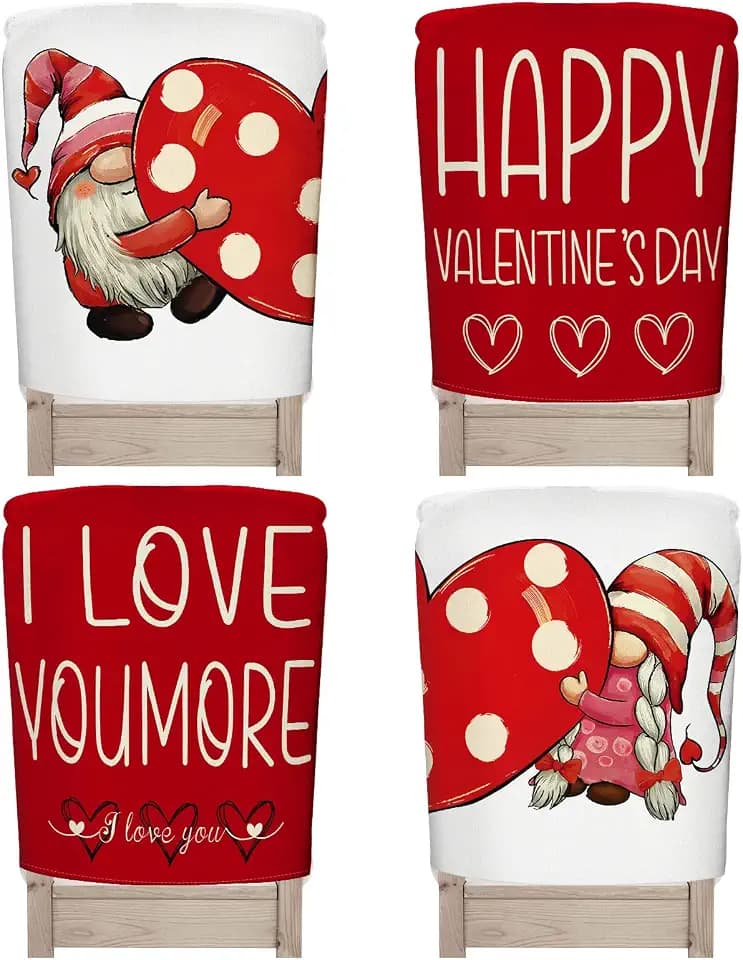 Rtteri 4 Pcs Valentines Gnome Chair Back Cover Red Love Heart Dining Chair Covers Protective Slipcovers for Kitchen Wedding Anniversary Holiday Party Decor