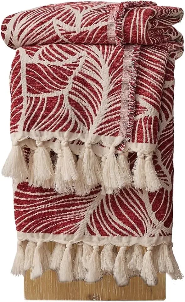 DOWN HOME Chenille Cotton Throw Blanket for Couch, Lightweight Boho Blanket for Bed Sofa Chair Living Room Outdoor Soft Woven Decorative Blanket with Tassel Gift Red Leaves 50"x70"
