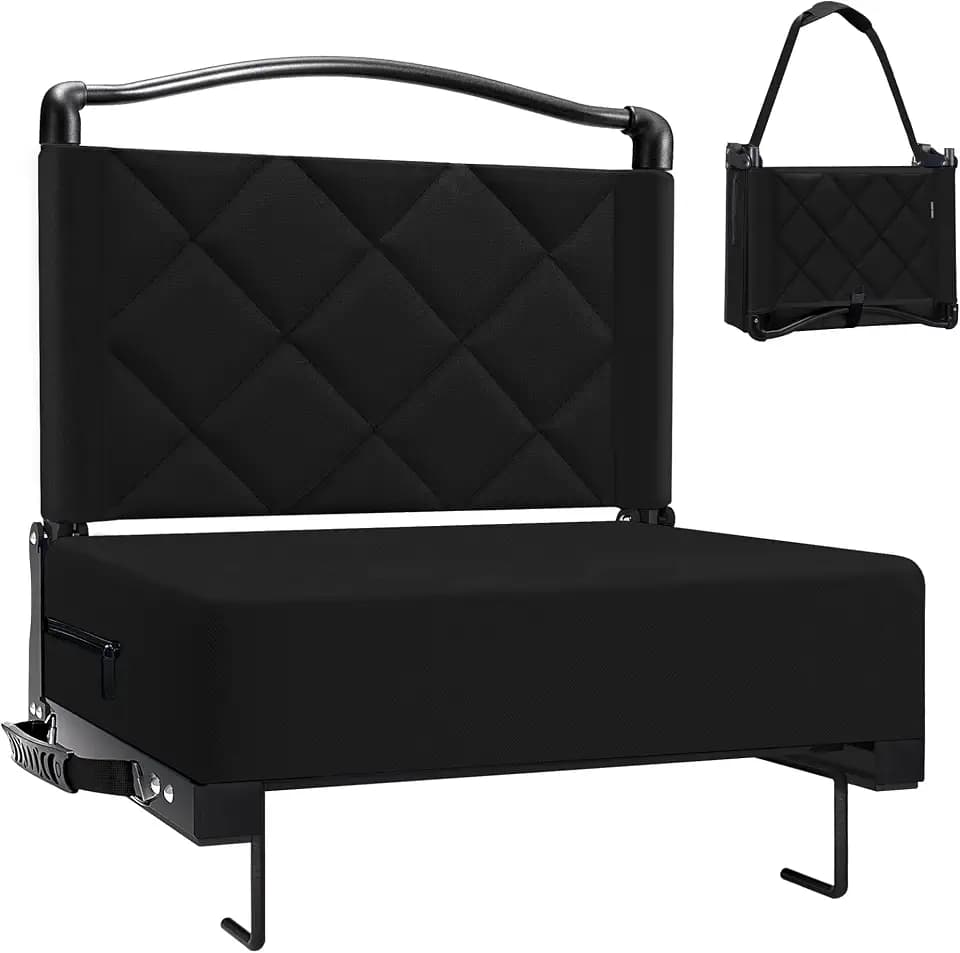 Stadium Seats with Back Support Cushion, Folding Stadium Seats for Bleachers Hold up 400lbs, Wide Bleacher Seat with Shoulder Strap & Handle Comfort for Sports Events (Black, 1pcs)
