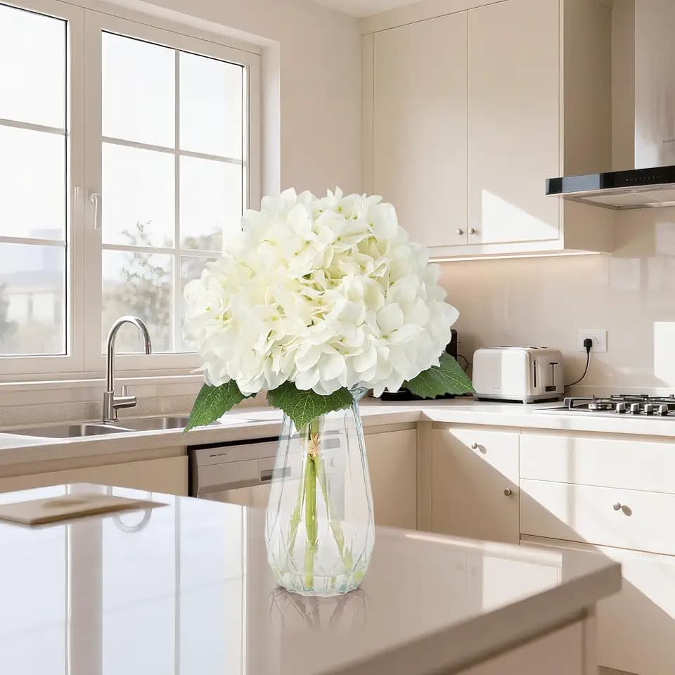 Garvee White Artificial Flowers with Glass Vase, Silk Faux Hydrangea Flower Arrangement with Faux Water, Fake Flowers in Vase for Table Centerpieces, Shelf Bathroom Decor, Home & Wedding Decoration