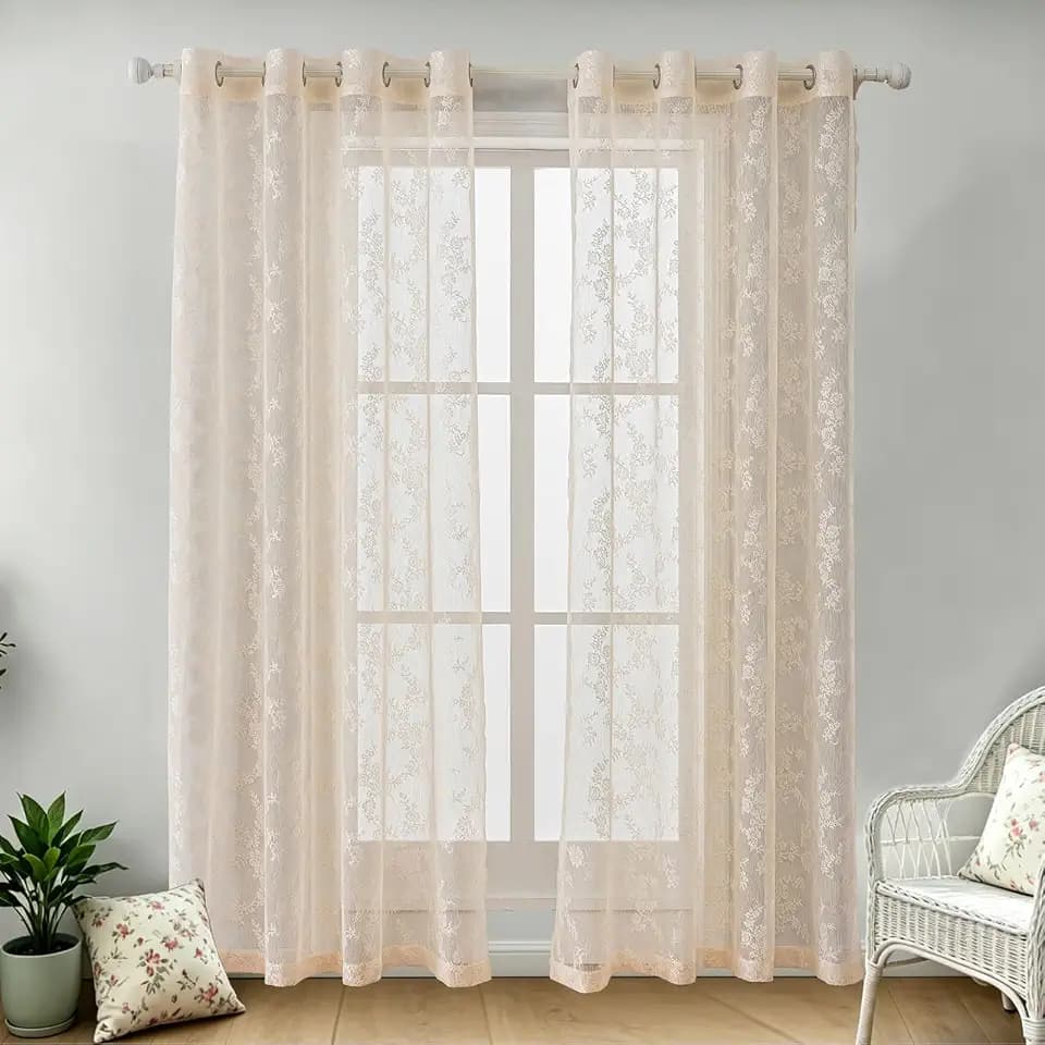 indistar Vintage Farmhouse lace Curtain Set, Romantic Elegant semi-Sheer Floral lace Sheer Curtains, Light-Filtering lace Window Curtains for Living Room, Bedroom, Office.55W x 72L Beige 2 Panels