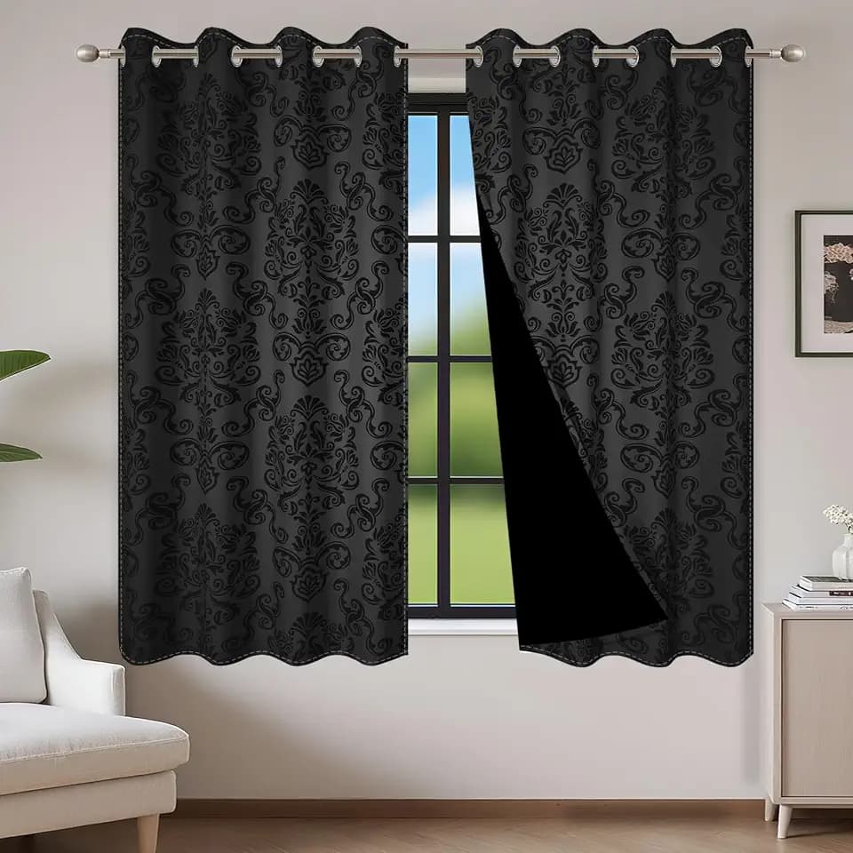 Black Blackout Curtains 45 inch Long - Ombre Damask Patterned Window Drapes Thermal Insulted Curtains for Bedroom Living Room, 2 Panels 21Wx45L
