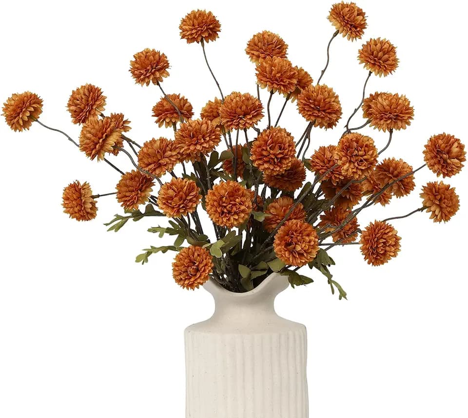 DuHouse 6pcs Faux Silk Pompon Mum Small Chrysanthemum Ball Burnt Orange