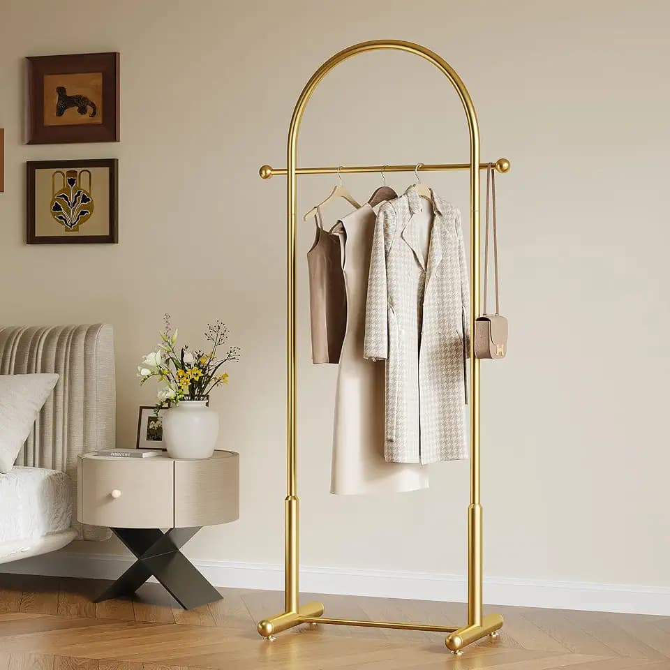 Modern Gold Arch Clothing Rack – Freestanding Garment Rack for Hanging Clothes,Heavy Duty Coat Rack,Metal Small Clothes Rack for Bedroom,Closet or Boutique Display