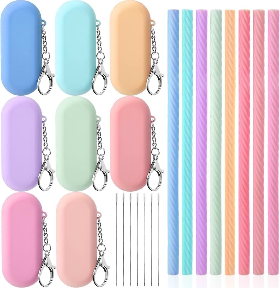 Meanplan 8 Set Silicone Travel Straws Reusable with Case,Light Color