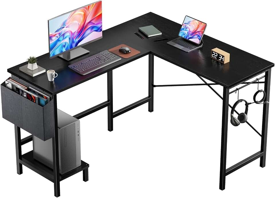 DUMOS L Shaped Computer Corner Desk with PC Stand, Black